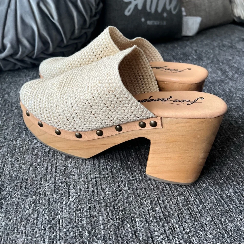 Free People Cream Tan Clog Mules with Wooden Soles - Picture 4 of 9